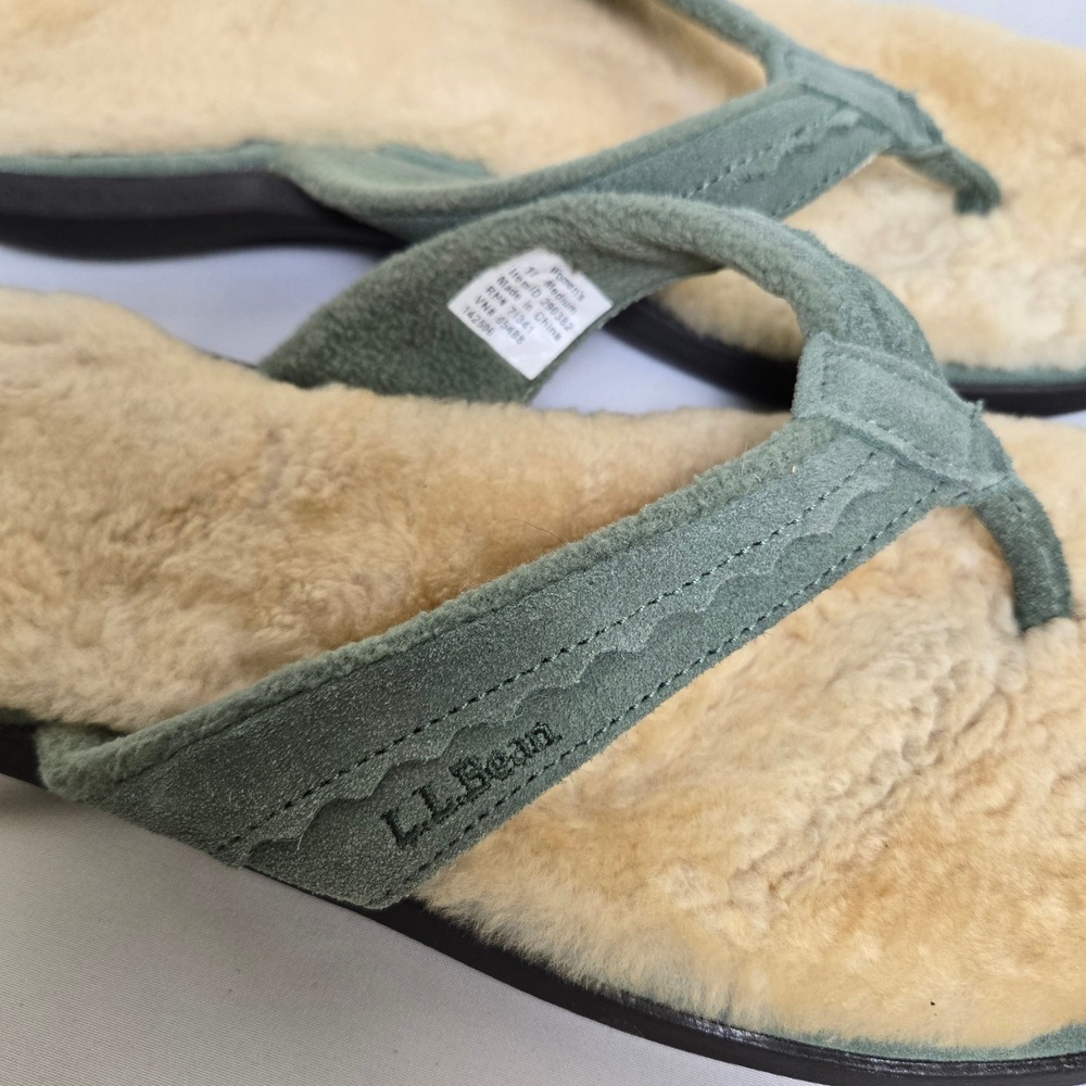 L.L. Bean Wicked Good Shearling Lined Flip Flops Green Tan 290382 Size 11 Medium - Picture 4 of 11